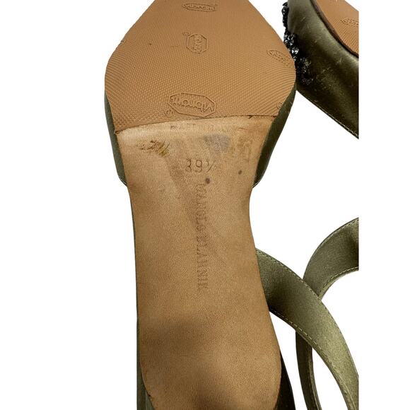 Manolo Blahnik Olive Green Satin Crystal Jeweled Luxury Slingback Heels 39.5 - Picture 8 of 8